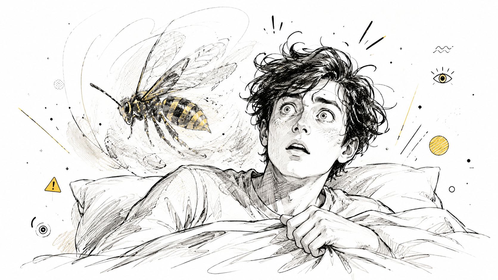 A charcoal-style illustration of a startled person waking up in bed to find a large wasp hovering.