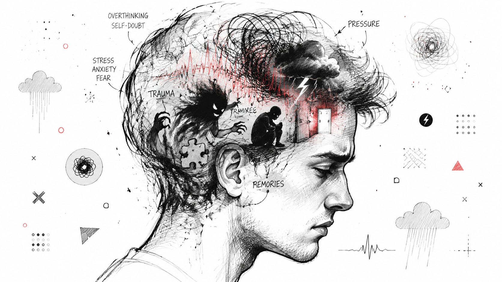A conceptual sketch illustrating mental struggle with internal conflict, trauma, anxiety, and a sense of trapped memories.