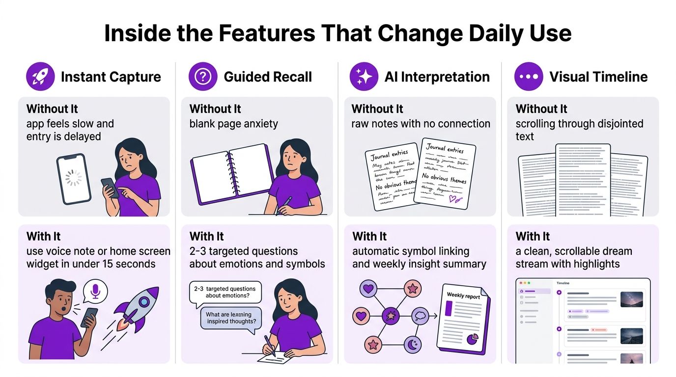 A comparison chart showing features of a dream journal app like capture, recall, interpretation, and timelines.