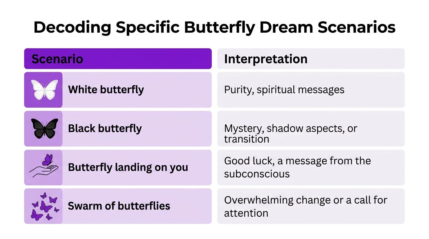 A chart showing dream interpretations for various butterfly scenarios like white, black, landing, or swarming.