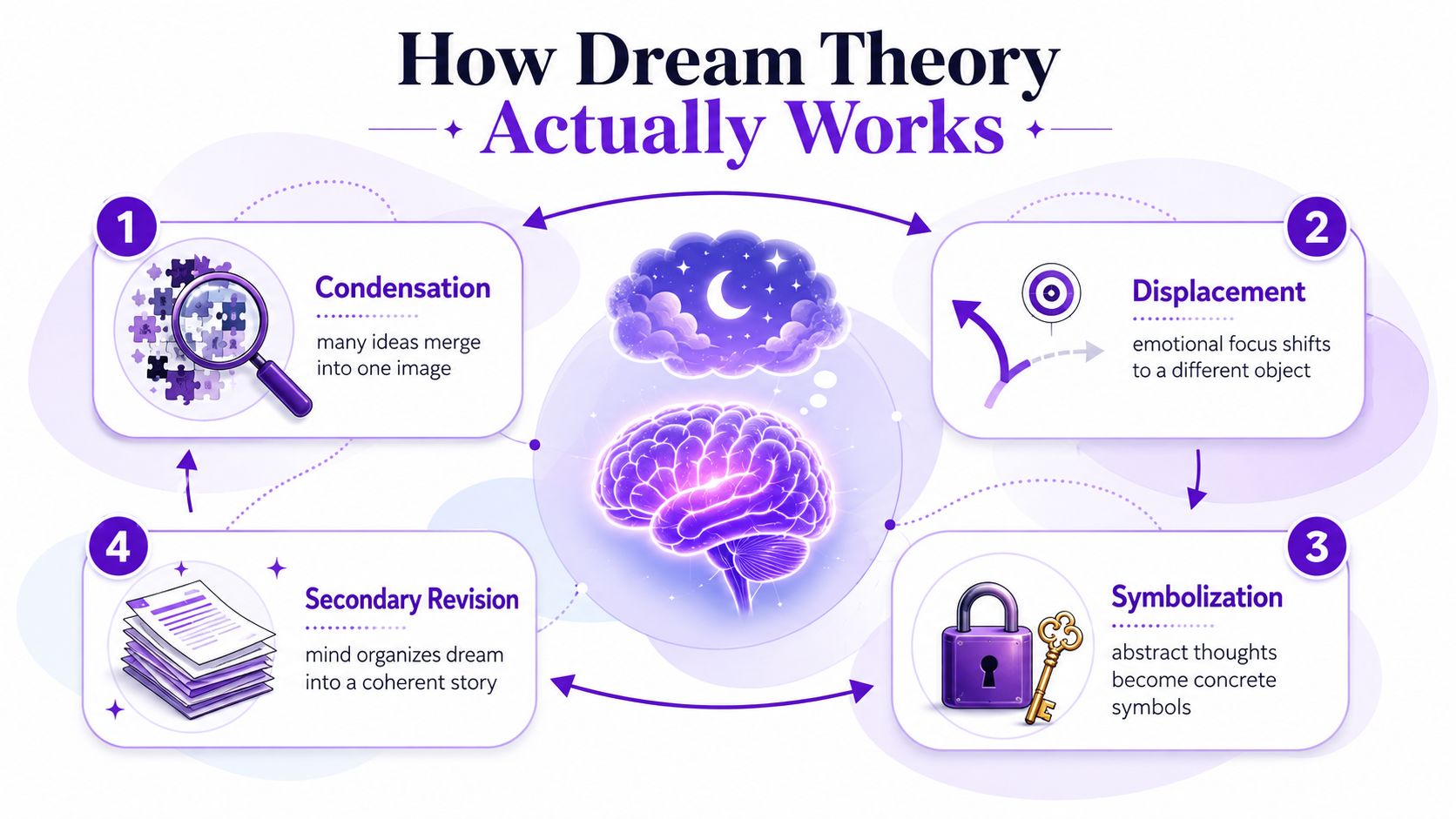 An infographic titled How Dream Theory Actually Works explaining condensation, displacement, symbolization, and secondary revision processes.