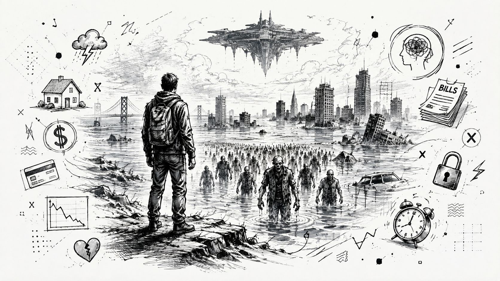 A person looks toward a flooded city with zombies and a hovering spaceship, surrounded by life stress symbols.