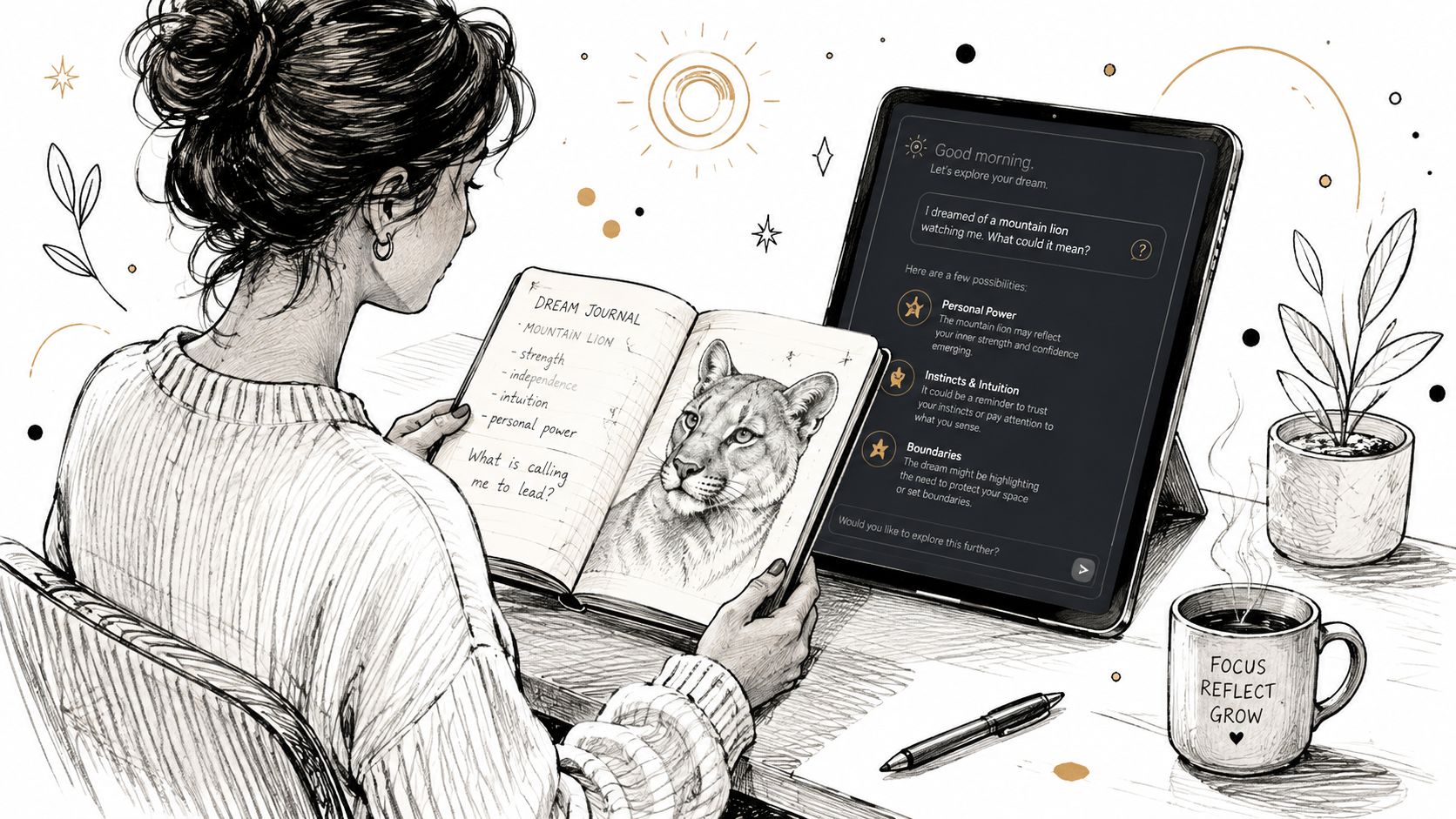 A woman sketching a mountain lion in a dream journal while reviewing AI dream analysis on tablet.