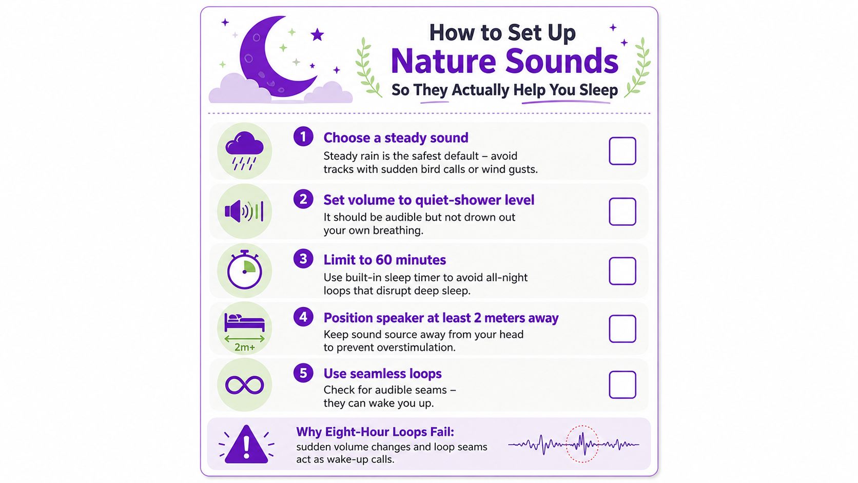 An infographic titled How to Set Up Nature Sounds with five tips for better sleep quality.