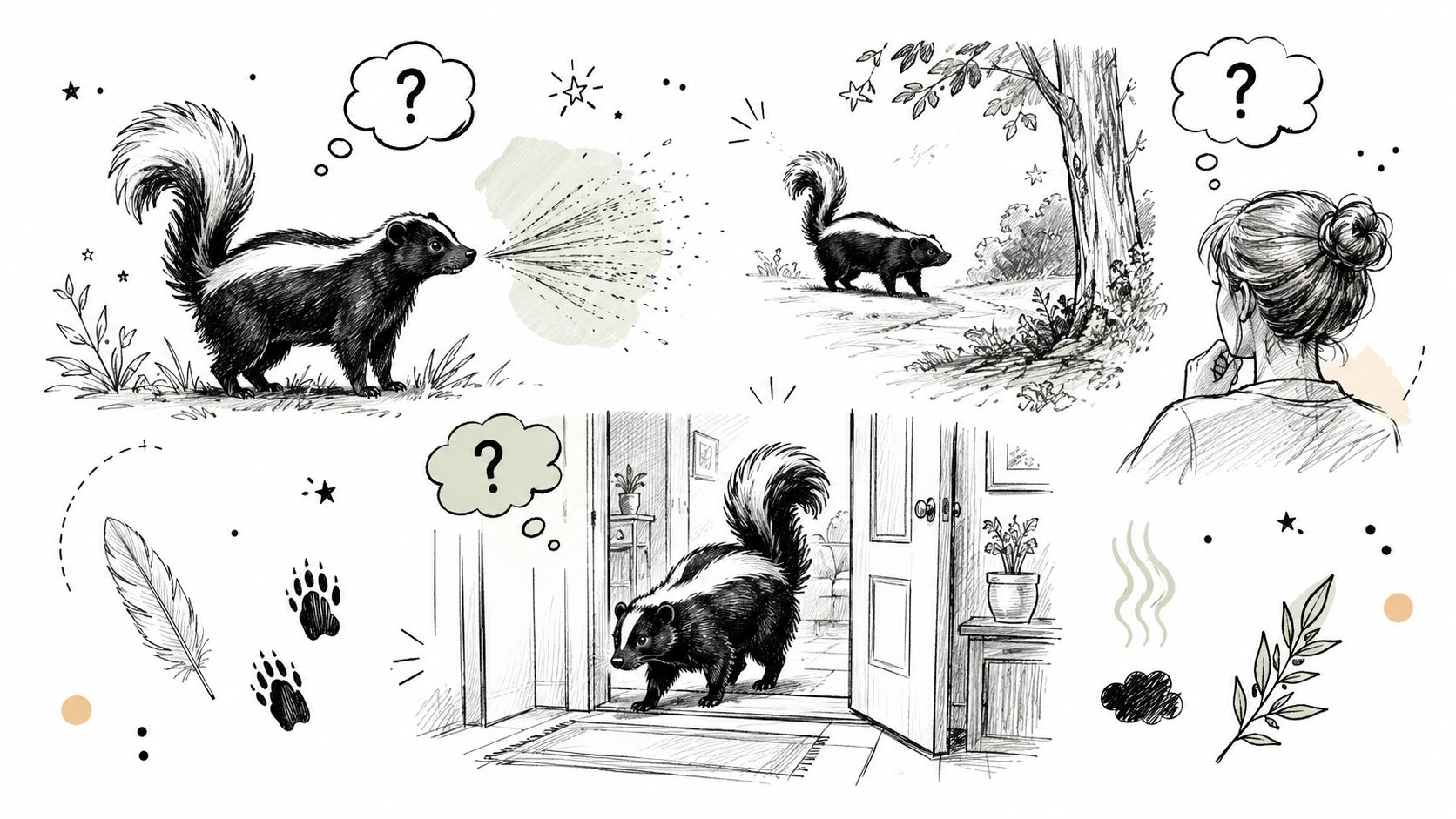 A whimsical illustration showing a person dreaming about a skunk and observing one entering a house.