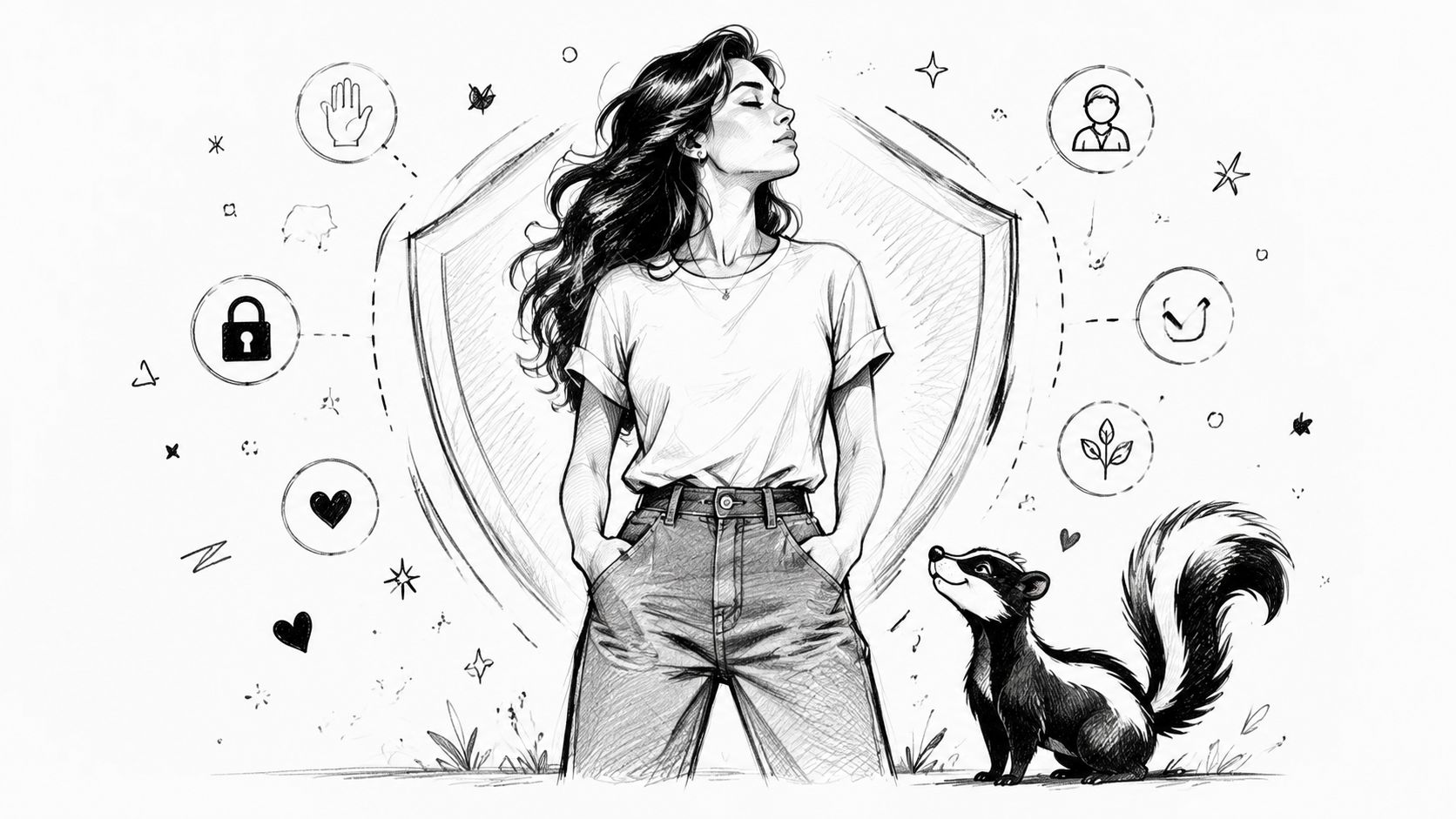 A black and white sketch of a woman standing confidently beside a cute, happy pet skunk.