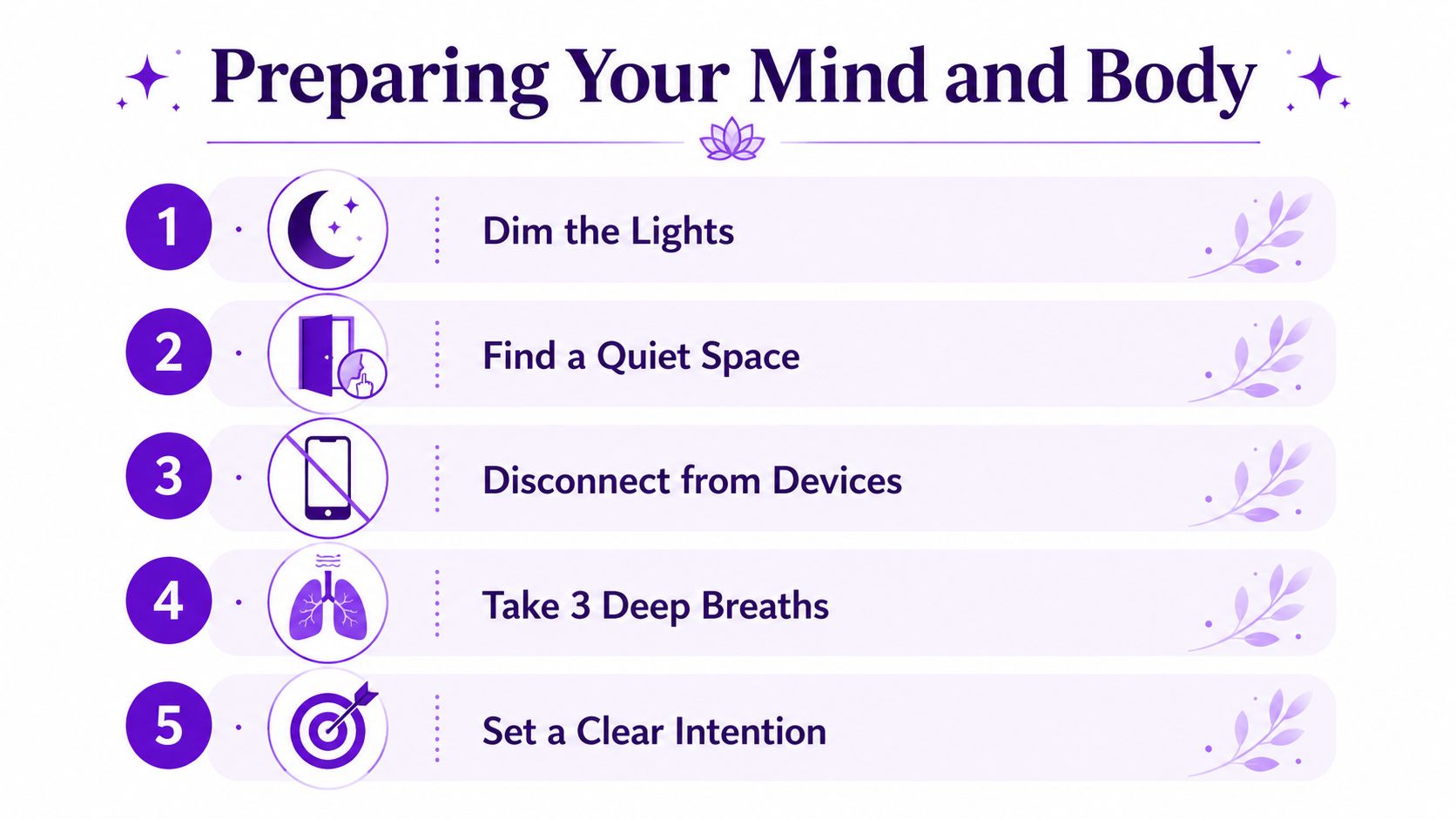 A numbered list on a purple background detailing five steps to prepare your mind and body.