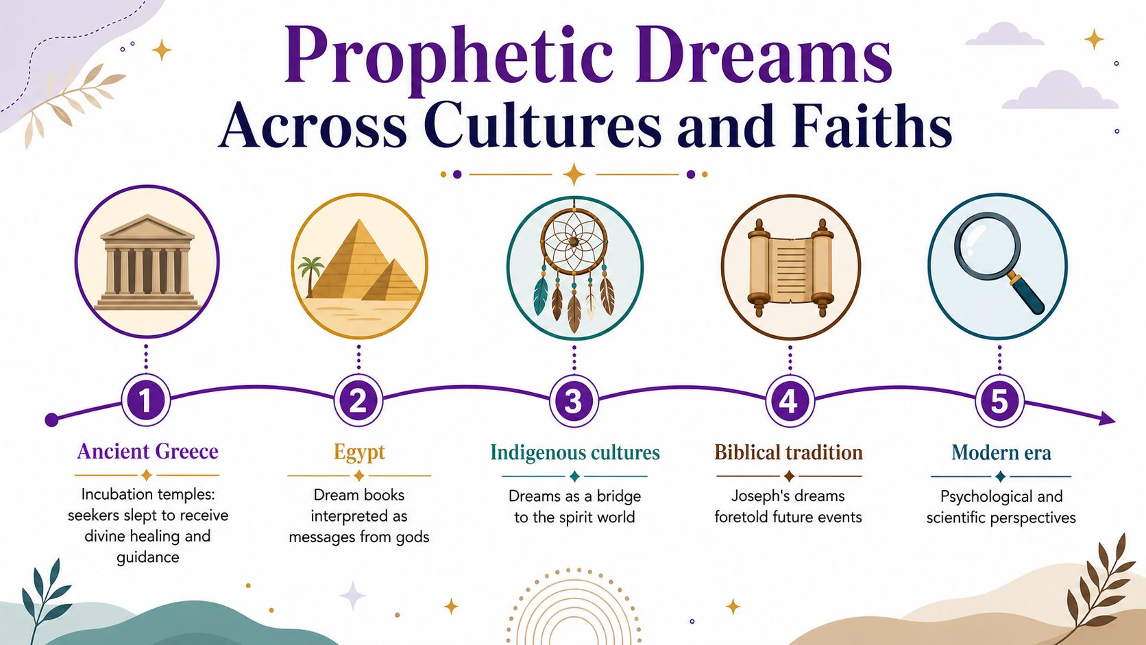 A timeline infographic illustrating the historical evolution of prophetic dreams across five different cultures and traditions.