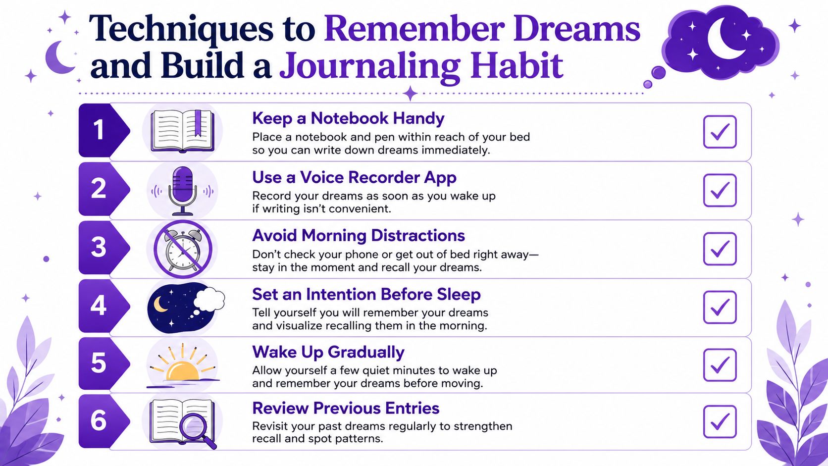 An infographic titled Techniques to Remember Dreams and Build a Journaling Habit with six numbered helpful tips.