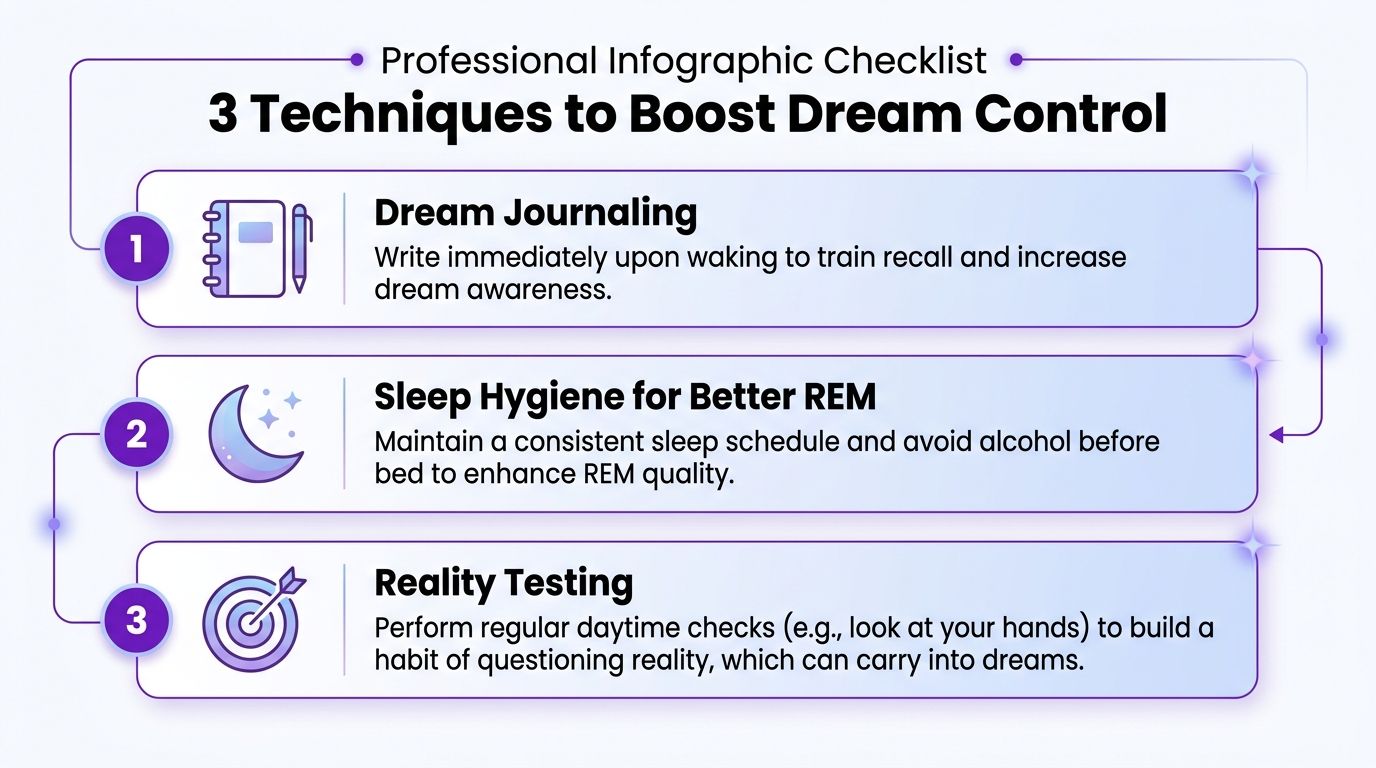 A professional infographic titled 3 Techniques to Boost Dream Control featuring dream journaling, sleep hygiene, and reality testing.