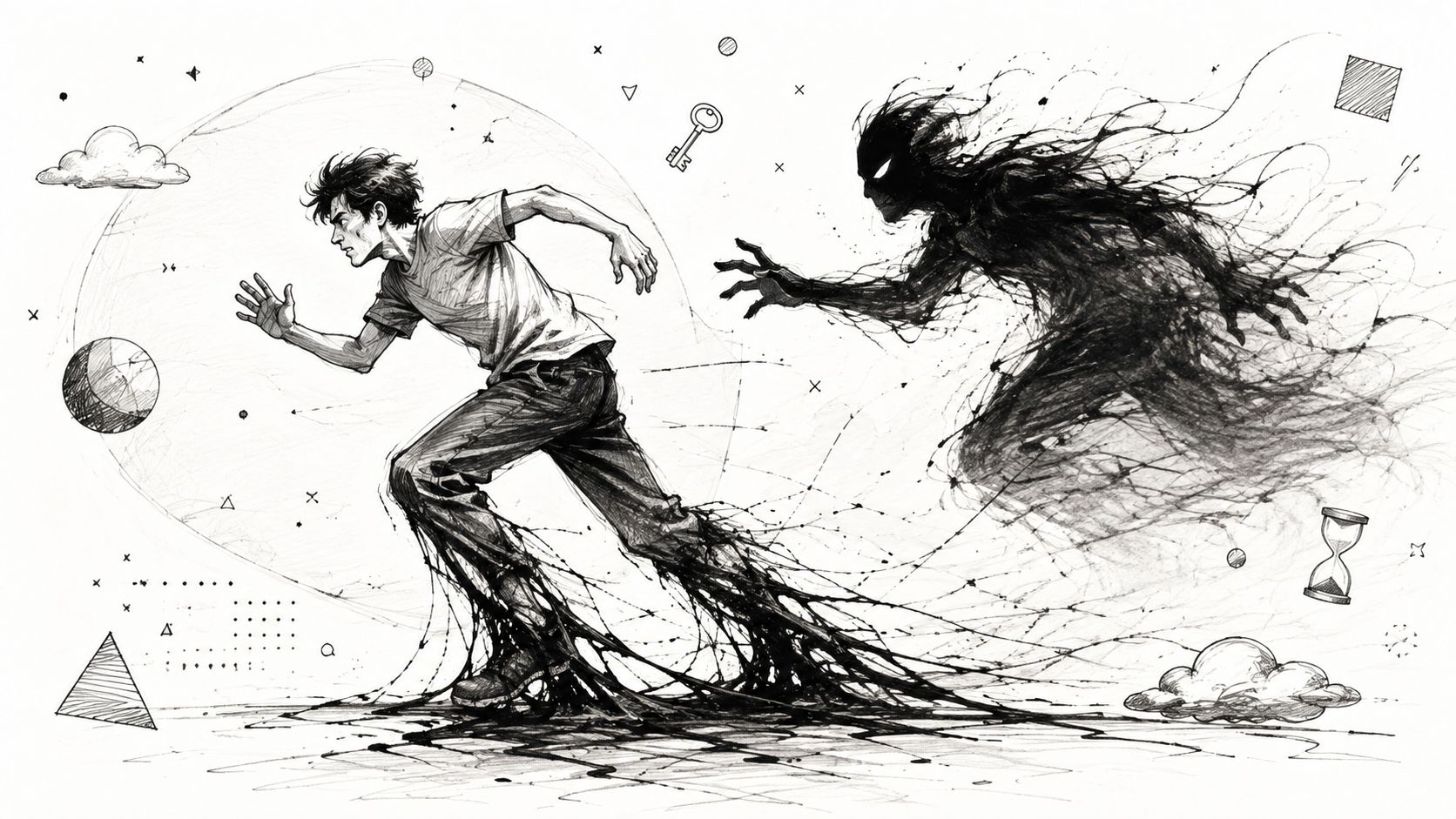 A charcoal sketch of a young man running as a dark, shadowy figure pursues him closely.